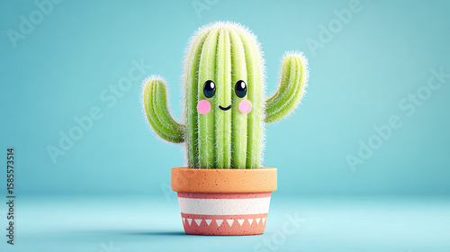 Cactus cartoon, Happy cartoon cactus waving from a clay pot in 3D illustration.