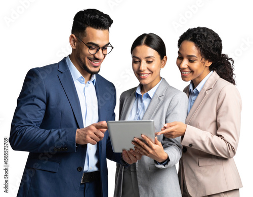  Diverse coworkers pointing at tablet – team work PNG