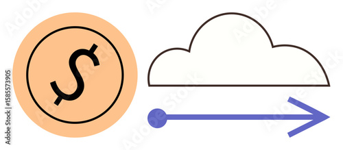 Dollar coin linking to a stylized cloud with forward arrow. Ideal for finance, technology, online banking, digital economy, data sharing, payment systems, simple flat metaphor