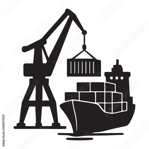 "Shipping Port Crane Loading Cargo Container on Freight Ship Icon"

