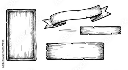Retro Style Woodcut Wooden Planks or Ribbons Banners for Design Projects Hand Drawn Illustration

