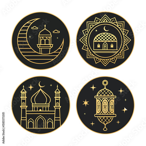 Islamic icons crescent moon mosque lantern stars vector