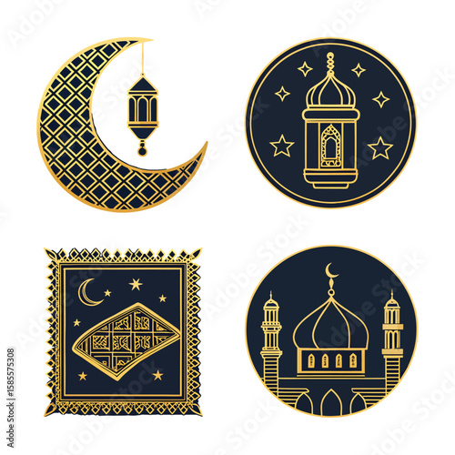Islamic symbols crescent moon mosque lantern prayer mat