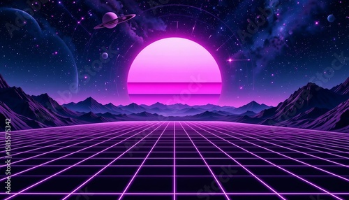 UFO over a futuristic city at night with a space station, blue stars, and moonlit clouds in the dark sky