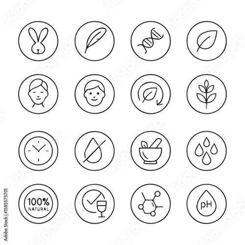Organic Cosmetic Line Icons Set – Natural, Vegan, Cruelty-Free, Eco-Friendly Symbols

