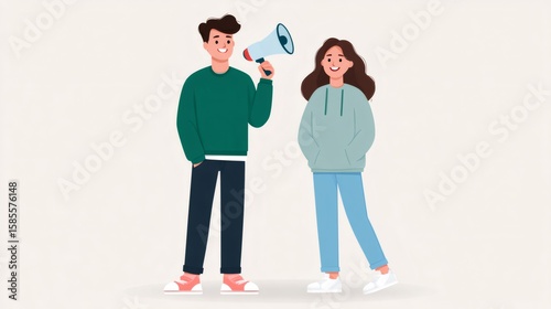 Young man communicating using megaphone with young woman listening carefully