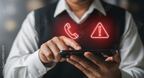 Man using smartphone with warning alert and phone call notification business technology concept