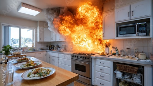 Wallpaper Mural Cooking disaster unfolds in a modern kitchen during a busy dinner hour Torontodigital.ca