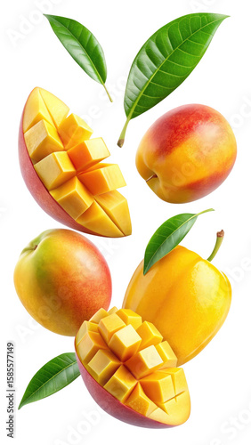 flying mango fruit and half slices isolated on transparent white background, clipping path