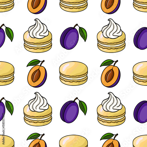 Seamless vector pattern of delicious vanilla macarons with whipped cream and juicy plum halves, creating a vibrant and appetizing design perfect for culinary blogs or sweet treat packaging.
