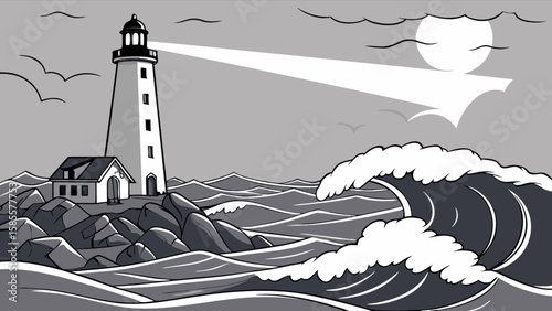 Lighthouse ocean scene coastal landscape illustration with waves and rocks vector art drawing design