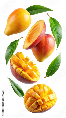 flying mango fruit and half slices isolated on transparent white background, clipping path