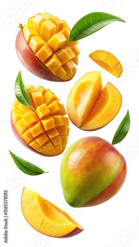 flying mango fruit and half slices isolated on transparent white background, clipping path