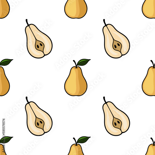 Seamless vector pattern of hand-drawn pears, featuring whole and halved fruits in a playful, minimalist style with a touch of vintage charm.
