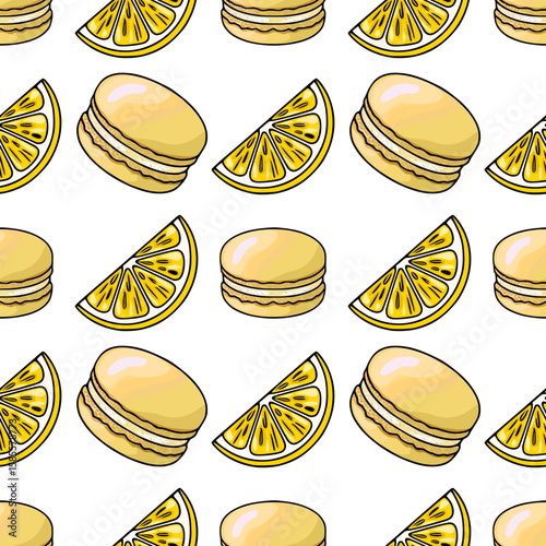 Seamless vector pattern of pastel yellow macarons and lemon slices, a delightful illustration perfect for summer-themed designs, showcasing a vibrant and appetizing composition.