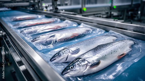 Modern process of packaging fresh fish into vacuum-sealed bags on a conveyor belt in factory