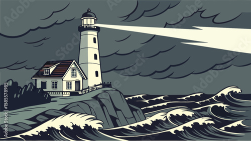Lighthouse shining light on stormy sea coastal scene illustration seascape ocean waves beacon navigation aid coast