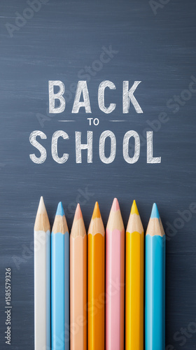 Back to School text written in chalk on a blackboard. A top-down flat lay with a row of colorful pencils. A classic, creative background for education, art, and school supplies.