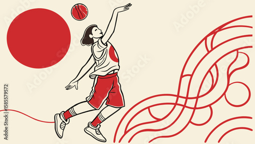 Female basketball player shooting ball in action sports illustration vector design for competition and training