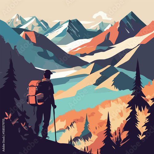 Hiker contemplates majestic mountain vista, autumn foliage, scenic backpacking journey.