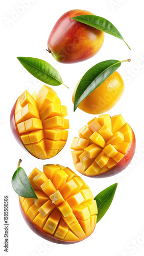 flying mango fruit and half slices isolated on transparent white background, clipping path