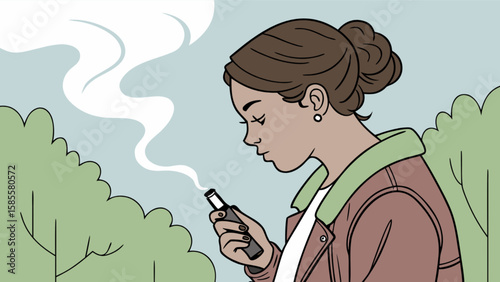 Illustration of woman using vape pen outdoors with smoke and trees in the background art style