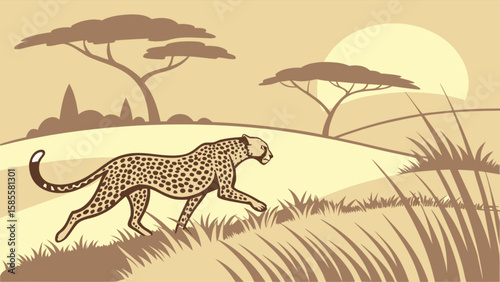 Cheetah running in african savanna landscape illustration wildlife safari animal vector design background scene