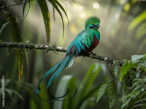 Resplendent Quetzal Bird Perched on Mossy Branch in Lush Forest