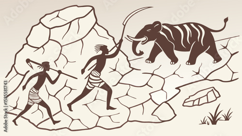 Ancient cave painting of elephant hunt with hunters and weapons in brown and beige color palette art