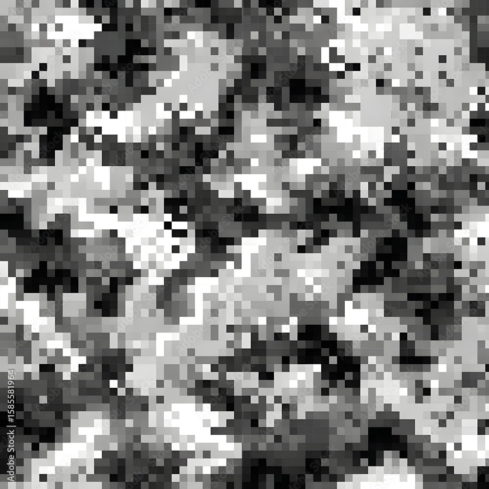 Fototapeta premium Abstract grayscale camouflage pattern featuring random pixelated shapes and textures