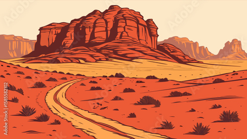 Arizona desert landscape illustration with red rock formations and winding dirt road scenic view art