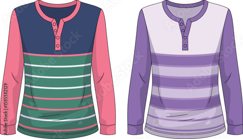 Cad Drawing Flat Vector Illustration, Long Sleeve Henley T-Shirts with Stripes and Buttoned Necklines, Stylish Casual Wear, Front Back View Sketch