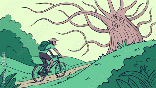 Man cycling on mountain bike trail through forest with spooky tree adventure outdoor recreation scene