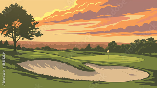 Golf course landscape vector illustration for golf enthusiasts and scenic golf course views at sunset or sunrise