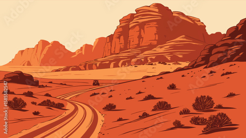 Desert landscape illustration of wadi rum jordan with off road vehicle driving through the arid terrain