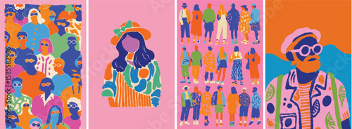 Colorful abstract summer people vector in bold fashion with retro vibes and graphic style