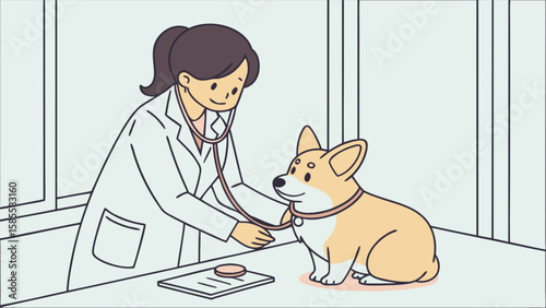Veterinarian examining corgi dog with stethoscope in vet clinic for animal health and wellness check up
