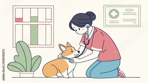 Veterinarian examining corgi dog with stethoscope at vet clinic for pet health care and animal wellness checkup