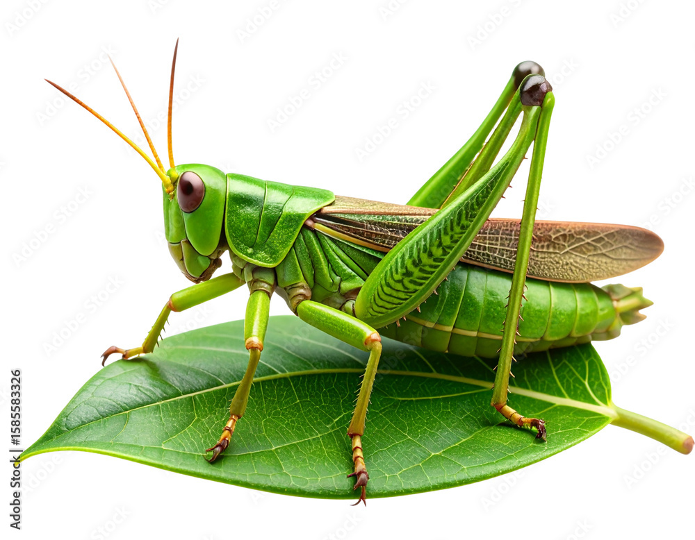 Fototapeta premium Realistic Green Grasshopper Perched on Leaf, Side View, isolated on transparent background