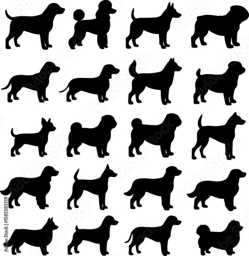 Collection of diverse dog breed silhouettes showcasing various shapes sizes and postures against a clean white background for graphic design