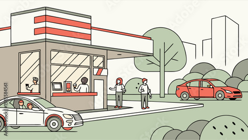 Illustration of drive through service with cars people and building for business and transportation use