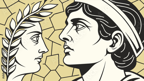 Ancient greek art illustration of two figures in profile with olive wreath and mosaic background art