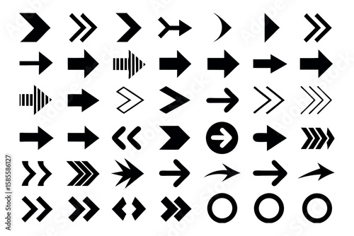 Collection of diverse black arrow icons and symbols on a white background