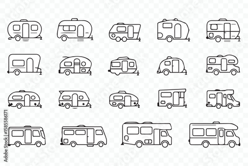 collection of minimal camper and rv vector icons for outdoor and travel graphic design projects with line art style set