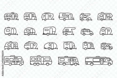 minimalist camper trailer and motorhome icons bundle perfect for road trip adventure and camping themed web banners