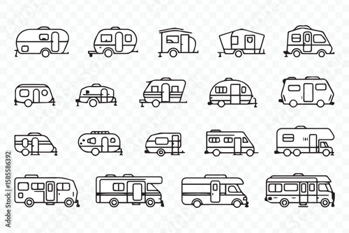 set of clean outline camper caravan and motorhome line art vectors for minimalist travel and camping graphic designs