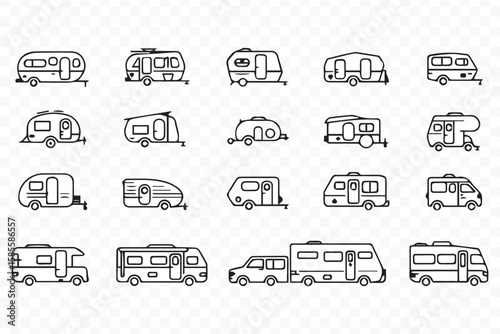 modern monoline camper and rv silhouette icons for web ui mobile app designs travel blogs and outdoor adventure
