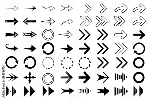 Collection of diverse black arrow icons and symbols on a white background