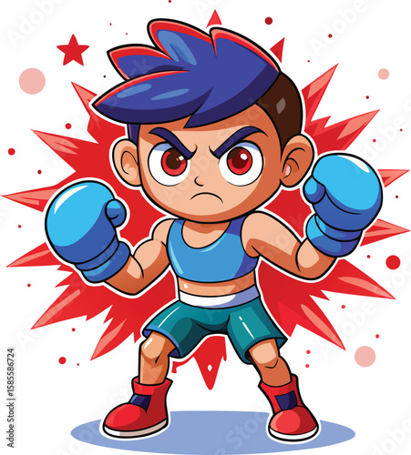 A cheerful comic drawing shows a child character, a boy, running and playing boxing