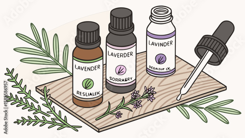 Lavender essential oil aromatherapy bottles with dropper for relaxation and wellness remedy use